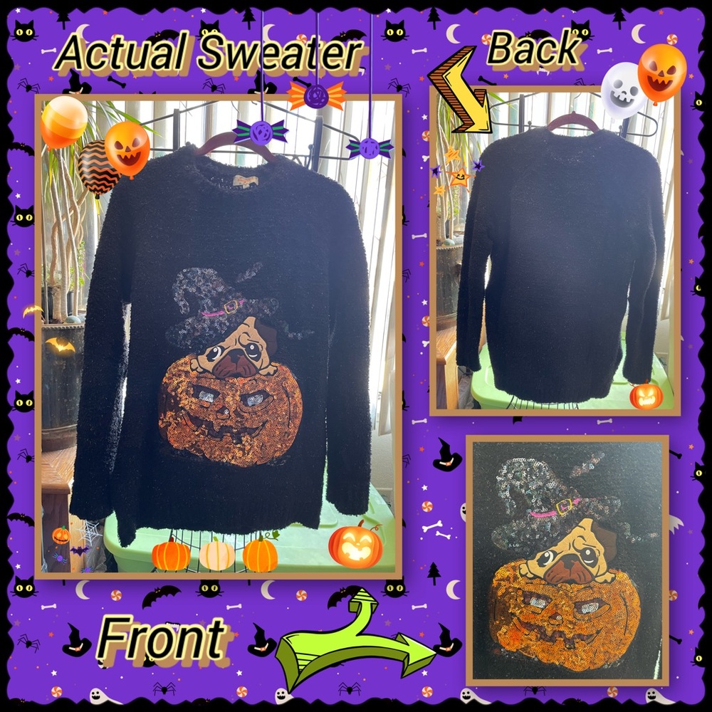 Poof! Happy Halloween Collection Sequin Pug-Kin Sweater